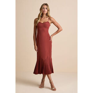 Lulus Channa Rust Red Pleated Hem Midi Dress - Size L